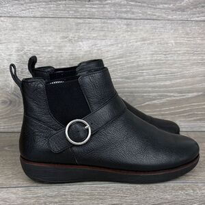 Fitflop Bria Women’s Sz 8 Black Leather Buckle Pull On Silver Ring Ankle Boots